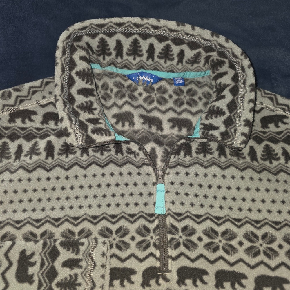 Chubbies Mens Holiday Fleece Pullover Grey Fair Isle Bear Quarter Zip Medium